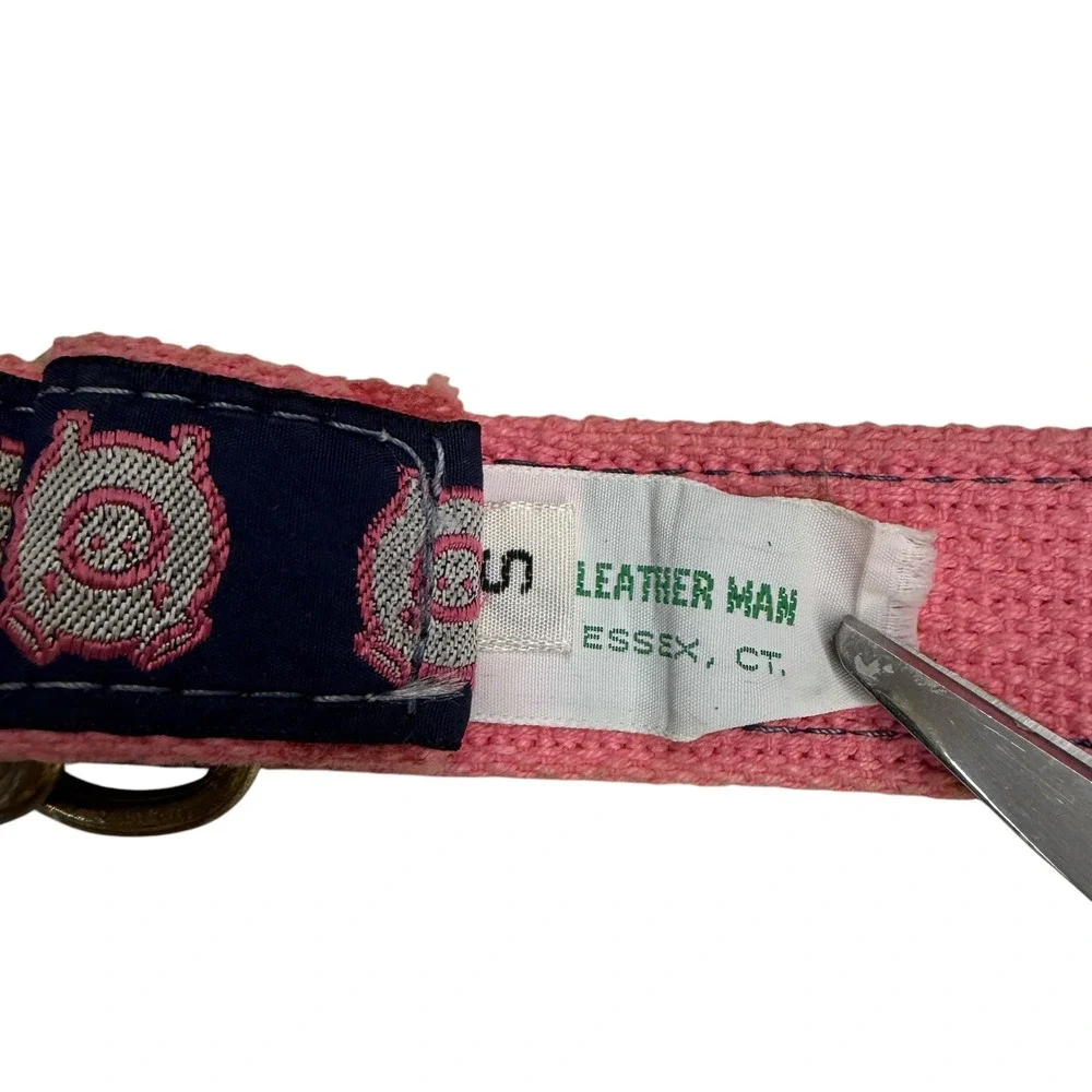Leather Man Ltd D-Ring Belt Womens S Navy Pink‎ Pig Embroidered Excellent Preppy